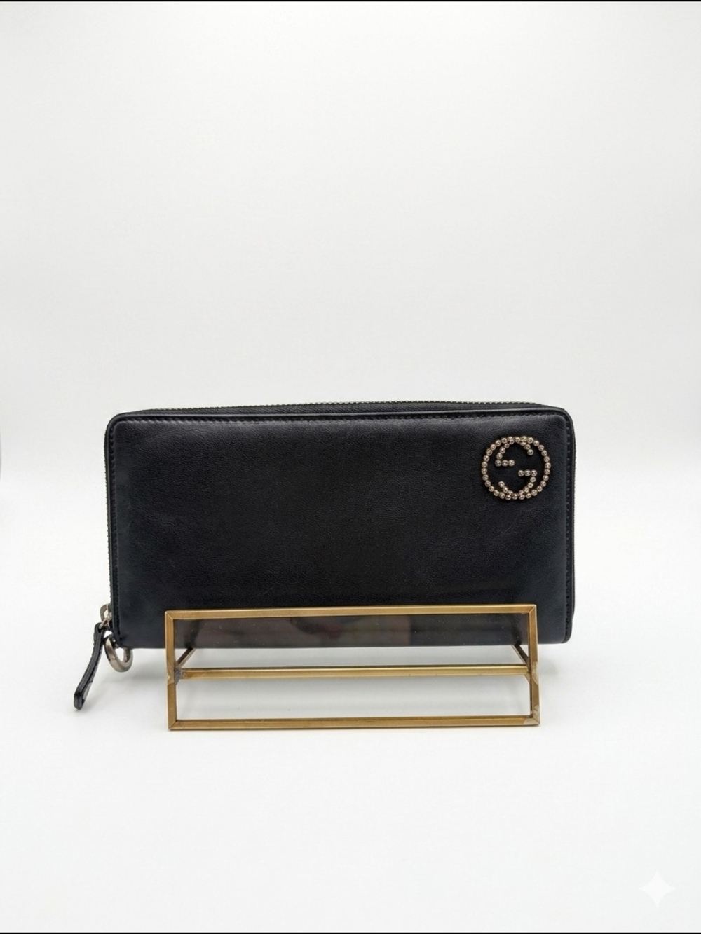 Gucci Black Calfskin Leather Zip Wallet w/ Studded Interlocking GG - EUC!